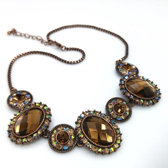 Vintage Topaz Aurora Borealis Rhinestone Copper Tone Choker Necklace 16” - Picture 4 of 9